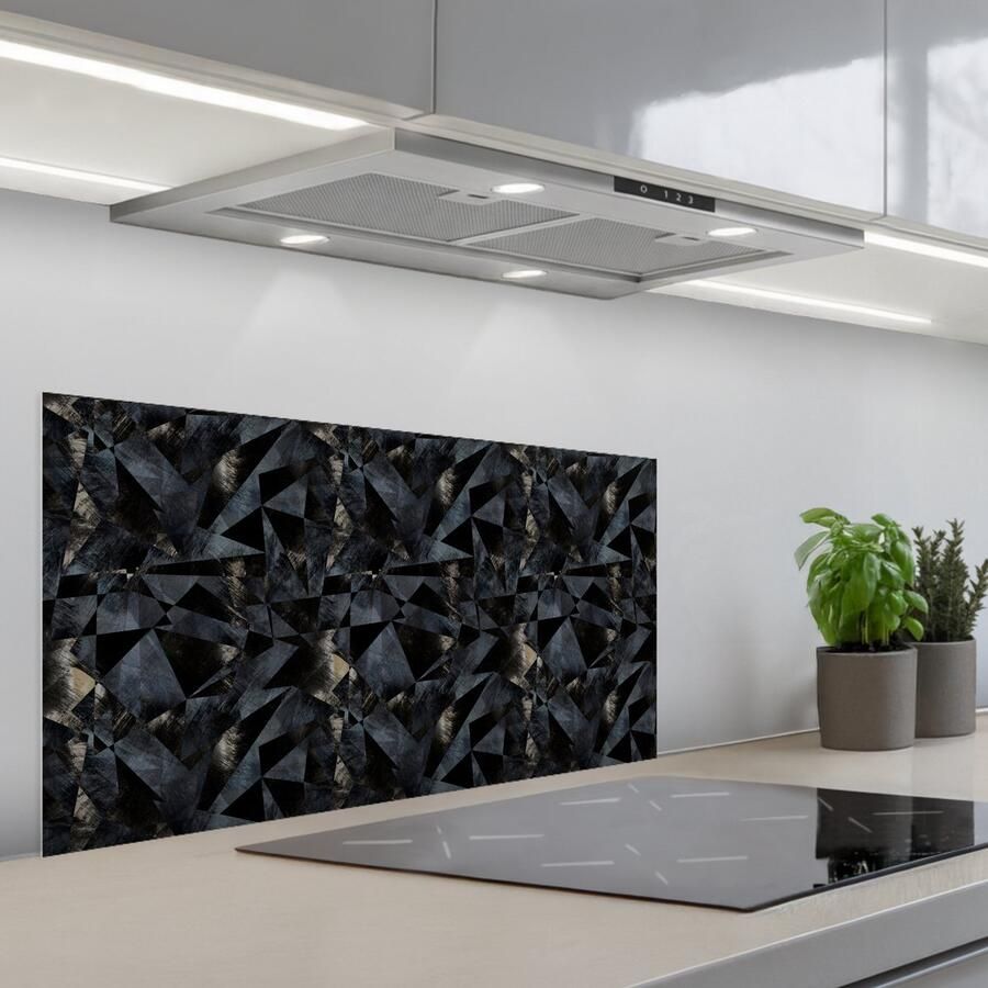 KitchenYeah Spatscherm 90x45 cm Zelfklevende achterwand Driehoeken Abstract Donker Keuken muurbeschermer Spatwand fornuis