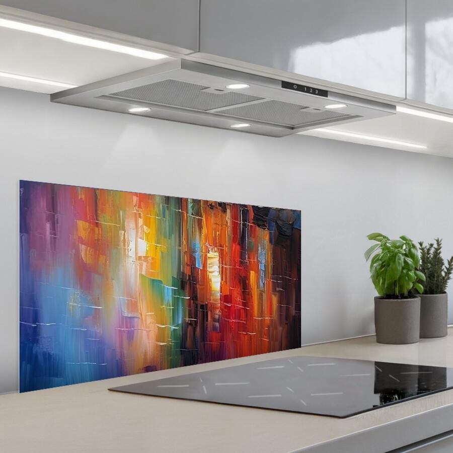 KitchenYeah Spatscherm 90x45 cm Zelfklevende achterwand Grachtenpanden Kunst Schilderij Amsterdam Keuken muurbeschermer Spatwand fornuis