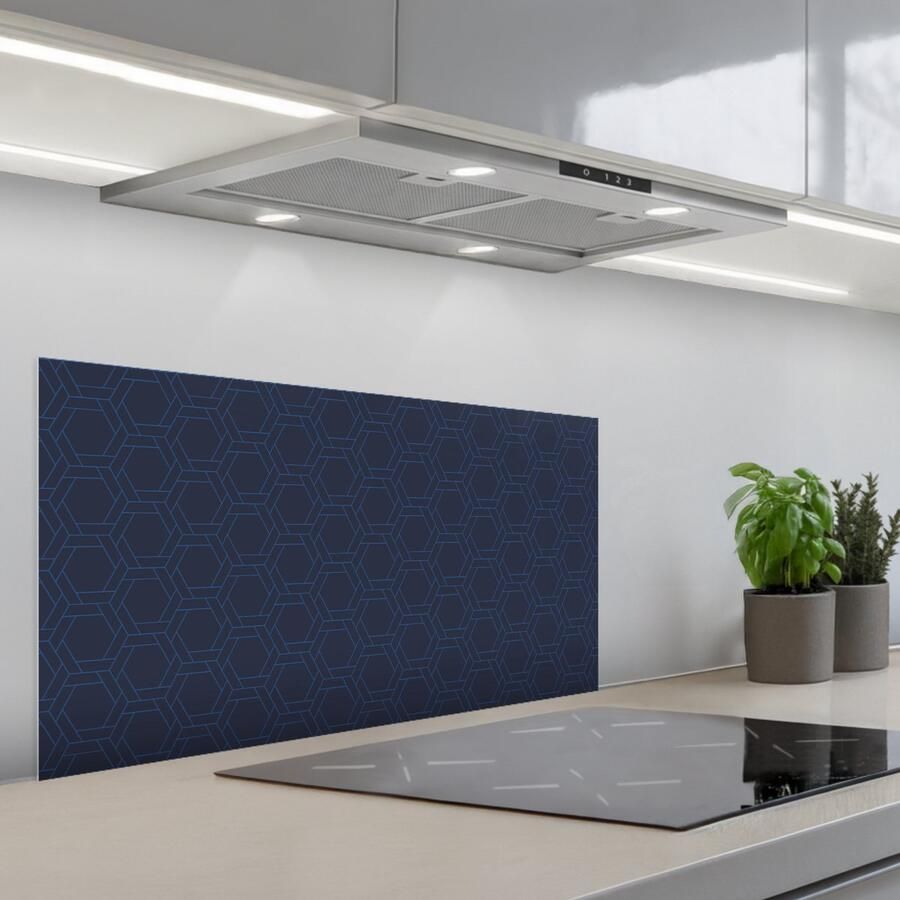 KitchenYeah Spatscherm 90x45 cm Zelfklevende achterwand Hexagon Patroon Blauw Keuken muurbeschermer Spatwand fornuis