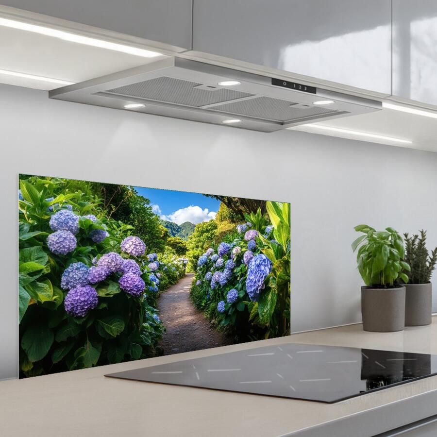 KitchenYeah Spatscherm 80x40 cm Zelfklevende achterwand Hortsensia Pad Bloemen Keuken muurbeschermer Spatwand fornuis