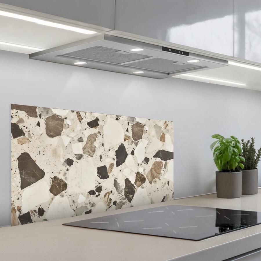 KitchenYeah Spatscherm 90x45 cm Zelfklevende achterwand Neutral Stenen Decoratie Terrazzo Keuken muurbeschermer Spatwand fornuis