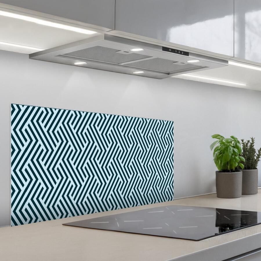 KitchenYeah Spatscherm 80x40 cm Zelfklevende achterwand Patroon Blauw Lijnen Zigzag Keuken muurbeschermer Spatwand fornuis