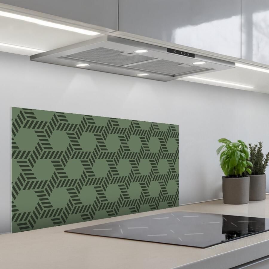 KitchenYeah Spatscherm 80x40 cm Zelfklevende achterwand Patroon Groen Geometrisch Keuken muurbeschermer Spatwand fornuis