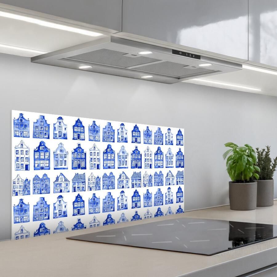 KitchenYeah Spatscherm 80x40 cm Zelfklevende achterwand Patroon Huizen Blauw Keuken muurbeschermer Spatwand fornuis