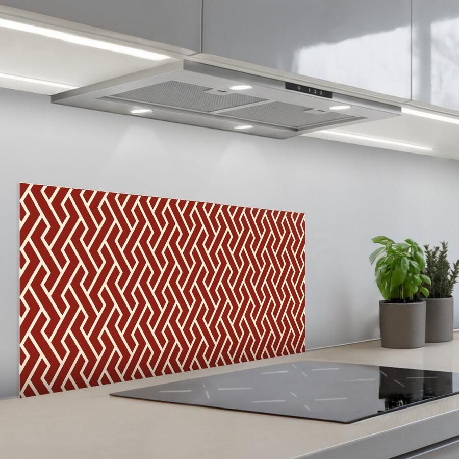 KitchenYeah Spatscherm 90x45 cm Zelfklevende achterwand Rood Beige Patroon Lijnen Keuken muurbeschermer Spatwand fornuis
