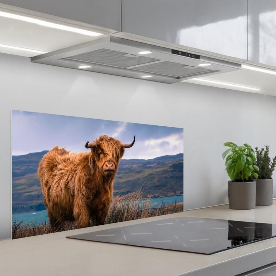 KitchenYeah Spatscherm 80x40 cm Zelfklevende achterwand Schotse Hooglander Berg Water Natuur Koe Keuken muurbeschermer Spatwand fornuis