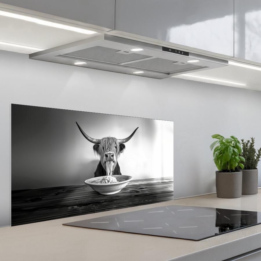 KitchenYeah Spatscherm 90x45 cm Zelfklevende achterwand Schotse Hooglander Spaghetti Dieren Zwart wit Keuken muurbeschermer Spatwand fornuis