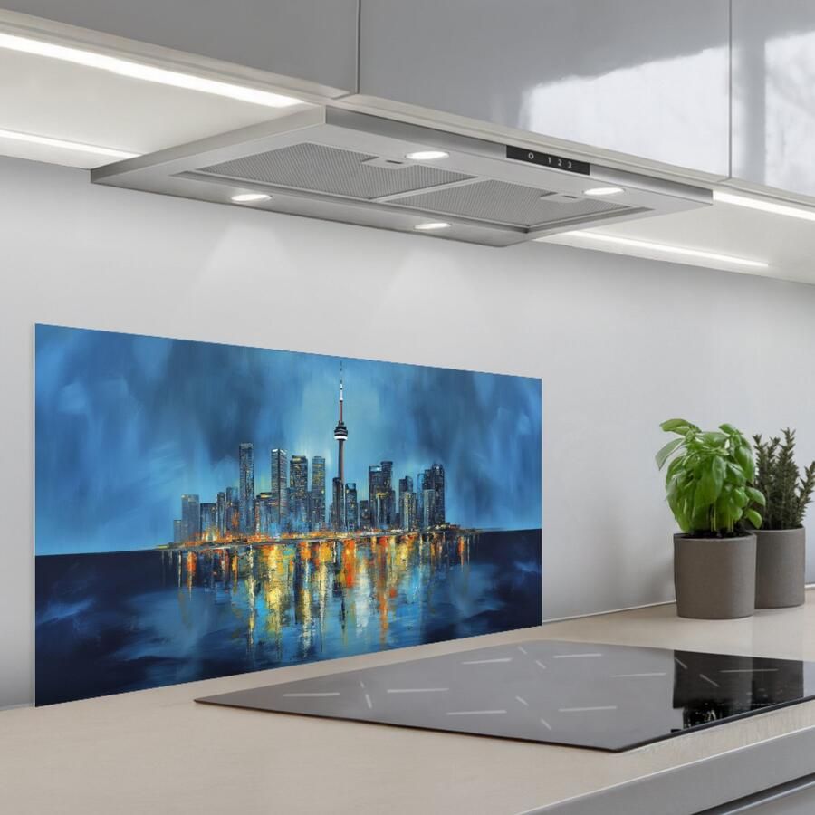 KitchenYeah Spatscherm 80x40 cm Zelfklevende achterwand Skyline Toronto Water Stadslichten Toren Keuken muurbeschermer Spatwand fornuis