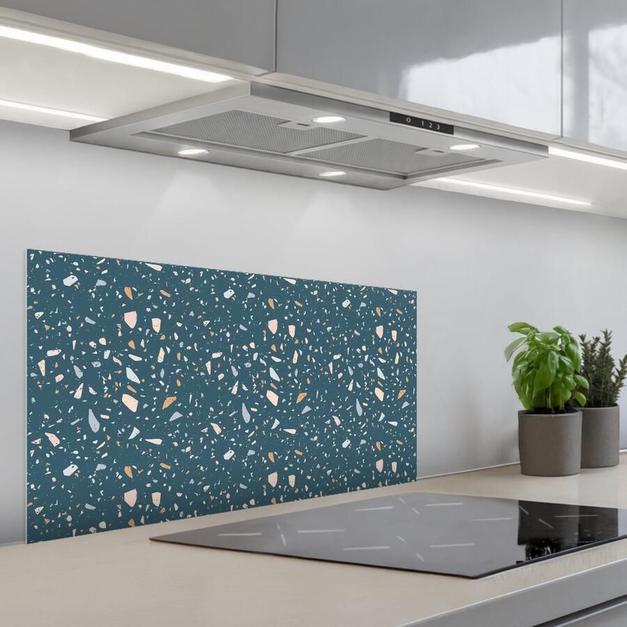 KitchenYeah Spatscherm 80x40 cm Zelfklevende achterwand Terrazzo Patroon Kleurrijk Diep blauw Keuken muurbeschermer Spatwand fornuis