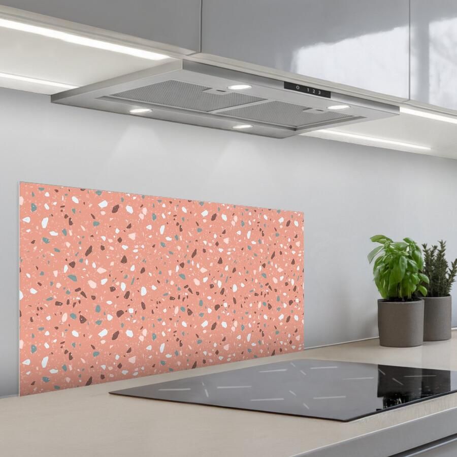 KitchenYeah Spatscherm 80x40 cm Zelfklevende achterwand Terrazzo Patroon Kleurrijk Roze Blauw Keuken muurbeschermer Spatwand fornuis