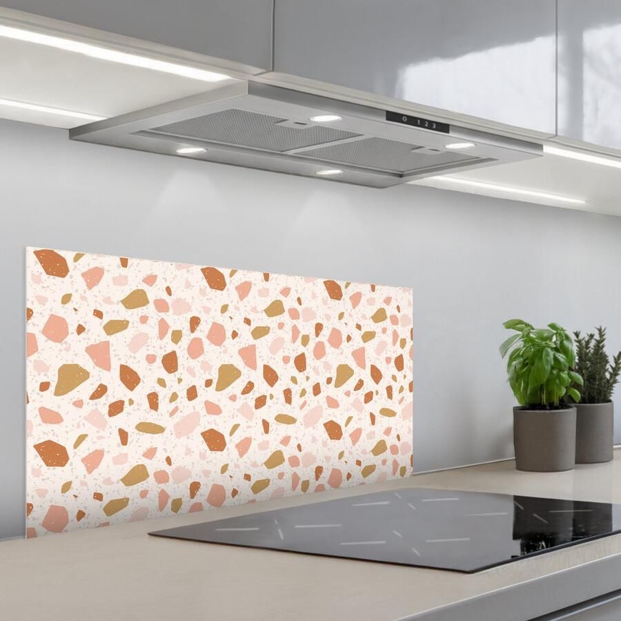 KitchenYeah Spatscherm 90x45 cm Zelfklevende achterwand Terrazzo Patroon Kleurrijk Zalm Keuken muurbeschermer Spatwand fornuis