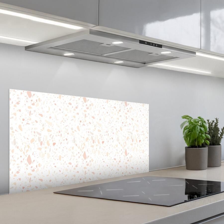 KitchenYeah Spatscherm 90x45 cm Zelfklevende achterwand Terrazzo Patroon Wit Perzik Keuken muurbeschermer Spatwand fornuis