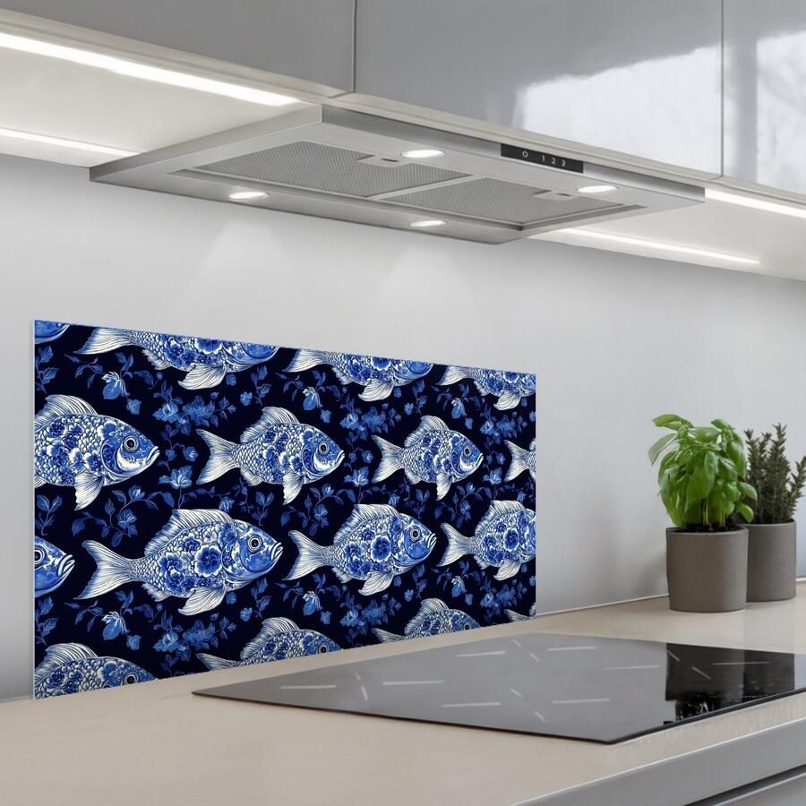 KitchenYeah Spatscherm 80x40 cm Zelfklevende achterwand Vissen Bloemen Blauw Keuken muurbeschermer Spatwand fornuis