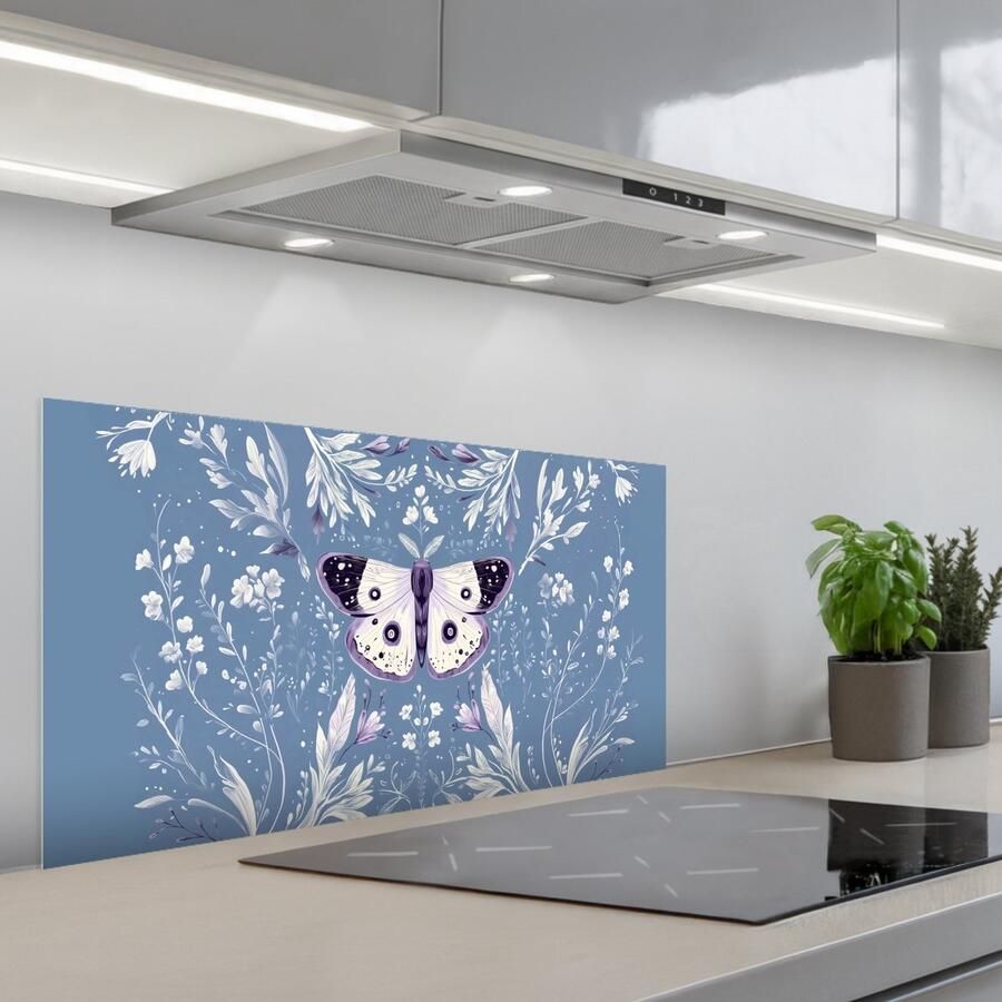 KitchenYeah Spatscherm 80x40 cm Zelfklevende achterwand Vlinder Bloemtakken Lichtblauw Keuken muurbeschermer Spatwand fornuis