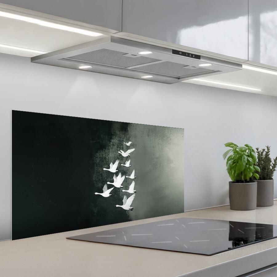 KitchenYeah Spatscherm 90x45 cm Zelfklevende achterwand Vogel Japandi Groen Keuken muurbeschermer Spatwand fornuis