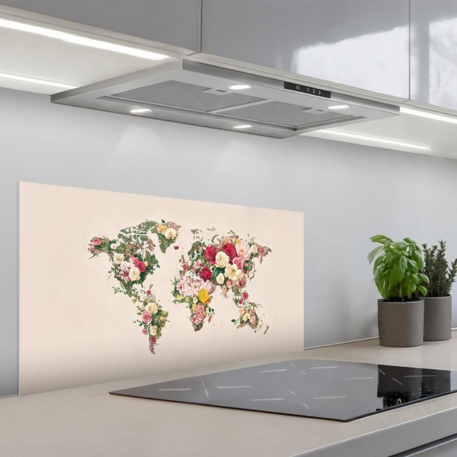 KitchenYeah Spatscherm 80x40 cm Zelfklevende achterwand Wereldkaart Bloemen Roze Keuken muurbeschermer Spatwand fornuis