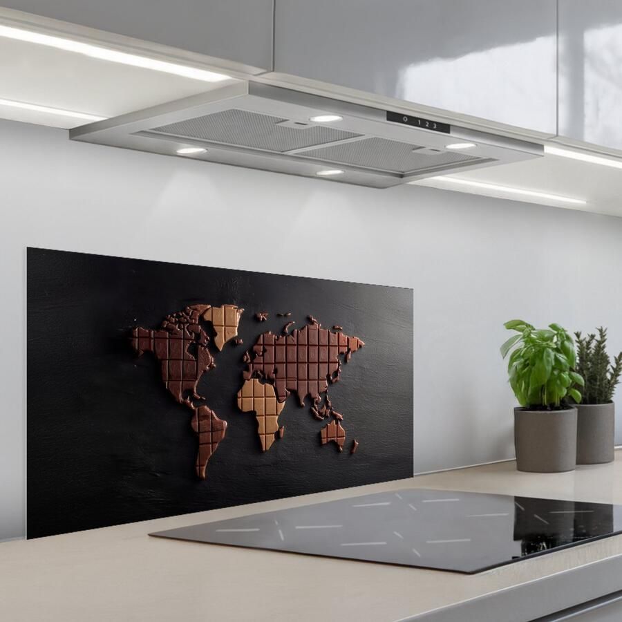 KitchenYeah Spatscherm 80x40 cm Zelfklevende achterwand Wereldkaart chocola Smakelijke uitstraling Keuken muurbeschermer Spatwand fornuis