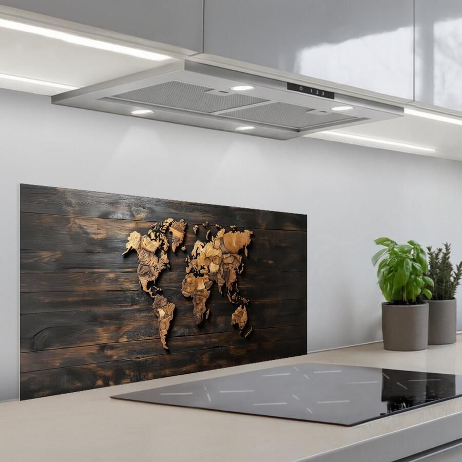 KitchenYeah Spatscherm 80x40 cm Zelfklevende achterwand Wereldkaart Hout Mozaïek Keuken muurbeschermer Spatwand fornuis