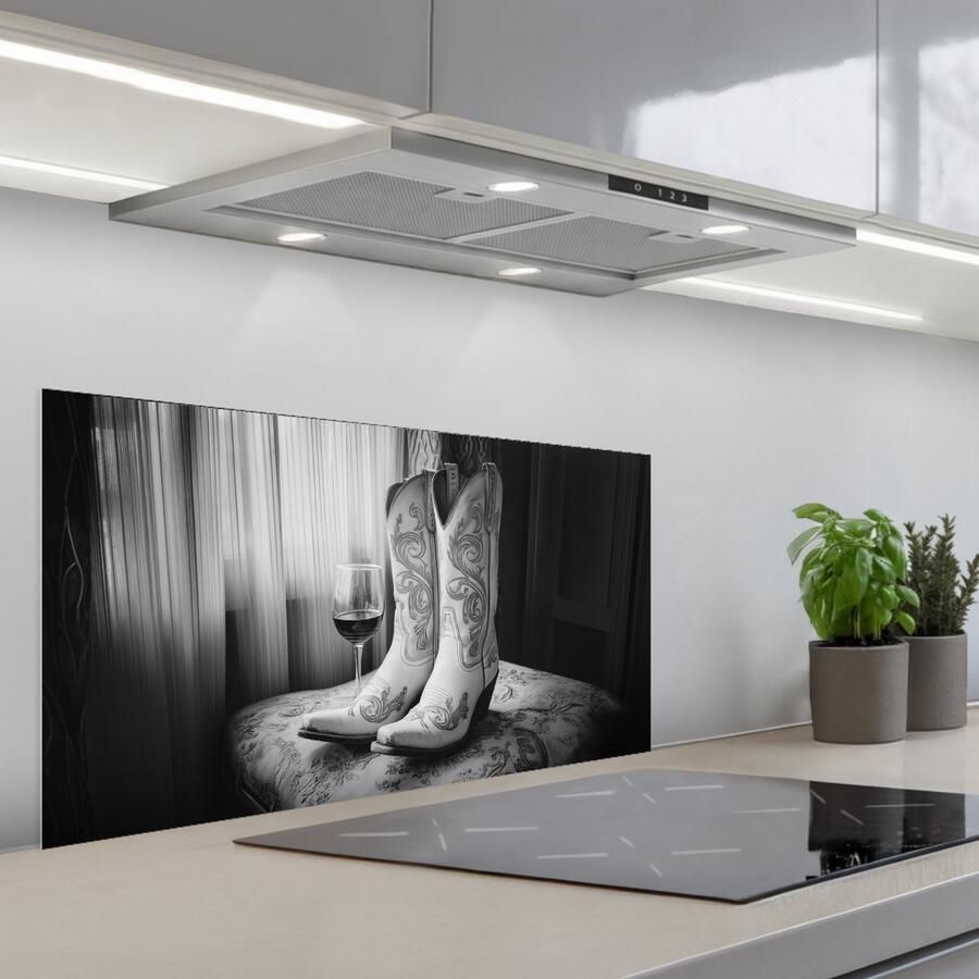 KitchenYeah Spatscherm 80x40 cm Zelfklevende achterwand Wijn Cowboylaarzen Raamlicht Wit Keuken muurbeschermer Spatwand fornuis