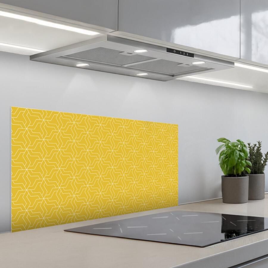 KitchenYeah Spatscherm 90x45 cm Zelfklevende achterwand Wit Geel Patroon Geometrisch Keuken muurbeschermer Spatwand fornuis
