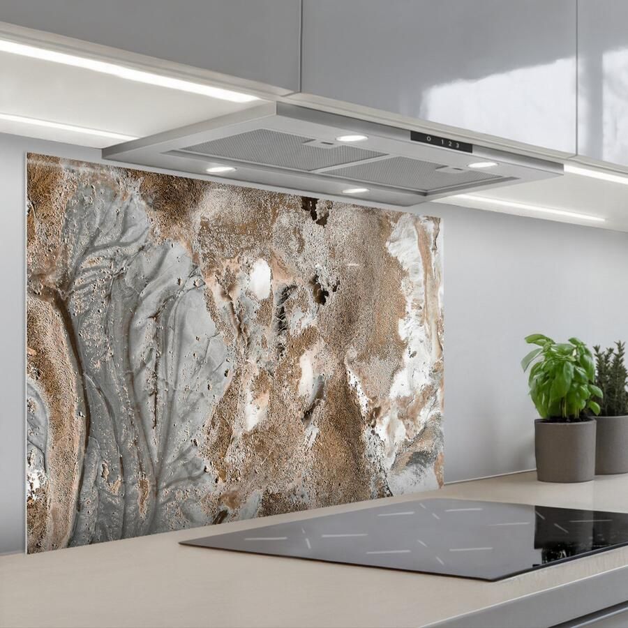KitchenYeah Spatscherm 90x60 cm Zelfklevende achterwand Abstract Marmer print Wit Bruin Marmerlook Keuken muurbeschermer Spatwand fornuis