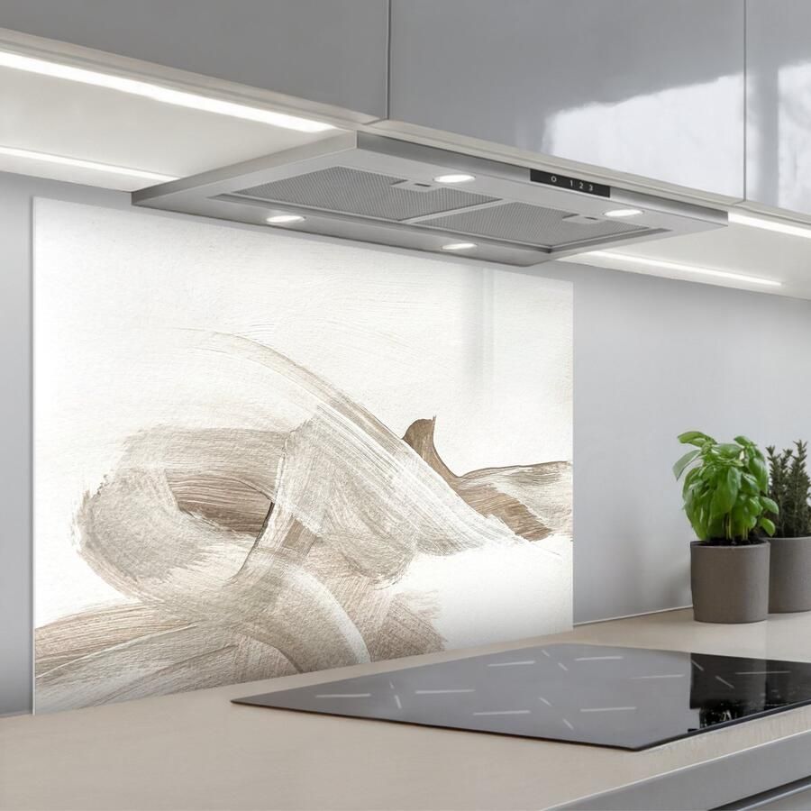 KitchenYeah Spatscherm 90x60 cm Zelfklevende achterwand Abstract Moderne kunst Beige Keuken muurbeschermer Spatwand fornuis
