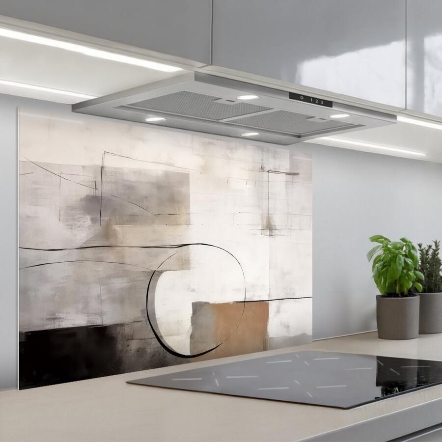 KitchenYeah Spatscherm 90x60 cm Zelfklevende achterwand Abstracte kunst Industrieel Wit Grijs Keuken muurbeschermer Spatwand fornuis