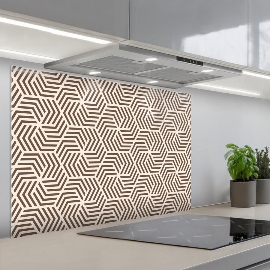 KitchenYeah Spatscherm 90x60 cm Zelfklevende achterwand Beige Bruin Patroon Strepen Keuken muurbeschermer Spatwand fornuis