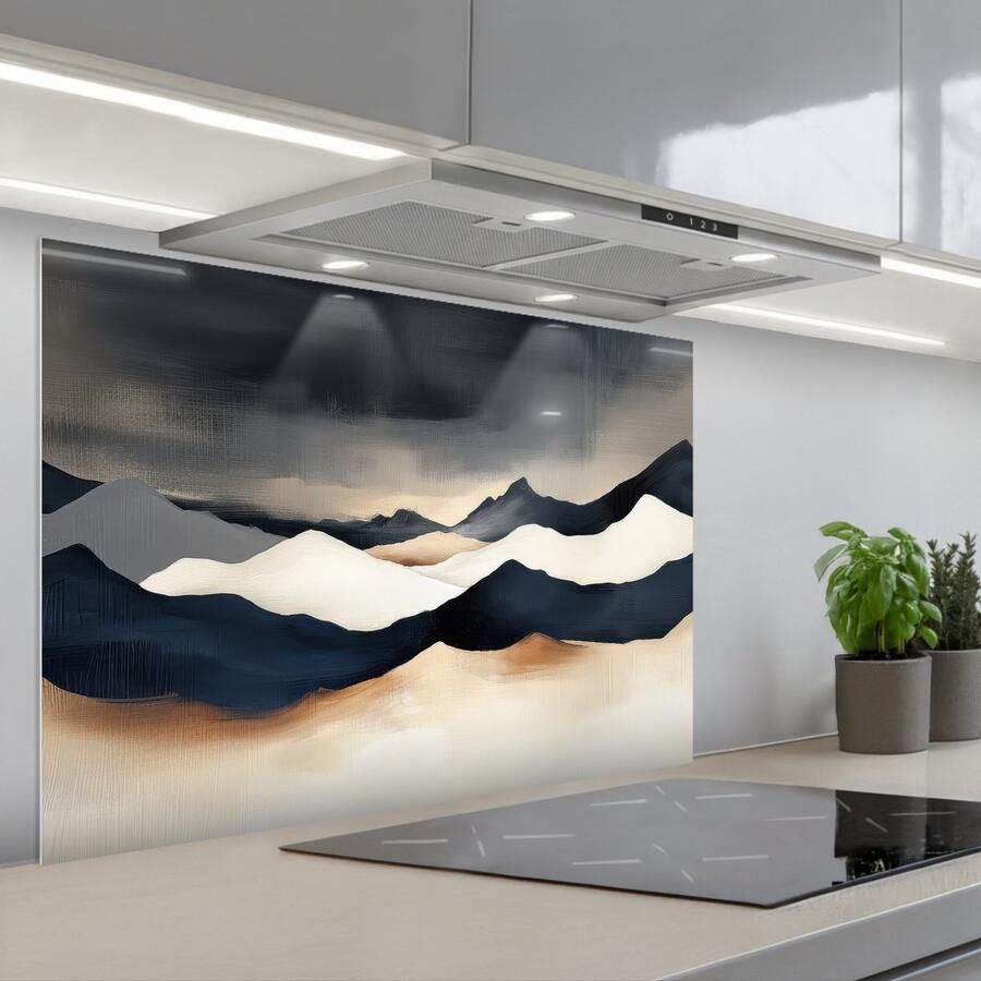 KitchenYeah Spatscherm 90x60 cm Zelfklevende achterwand Bergen Donkerblauw Landschap Keuken muurbeschermer Spatwand fornuis - Foto 1