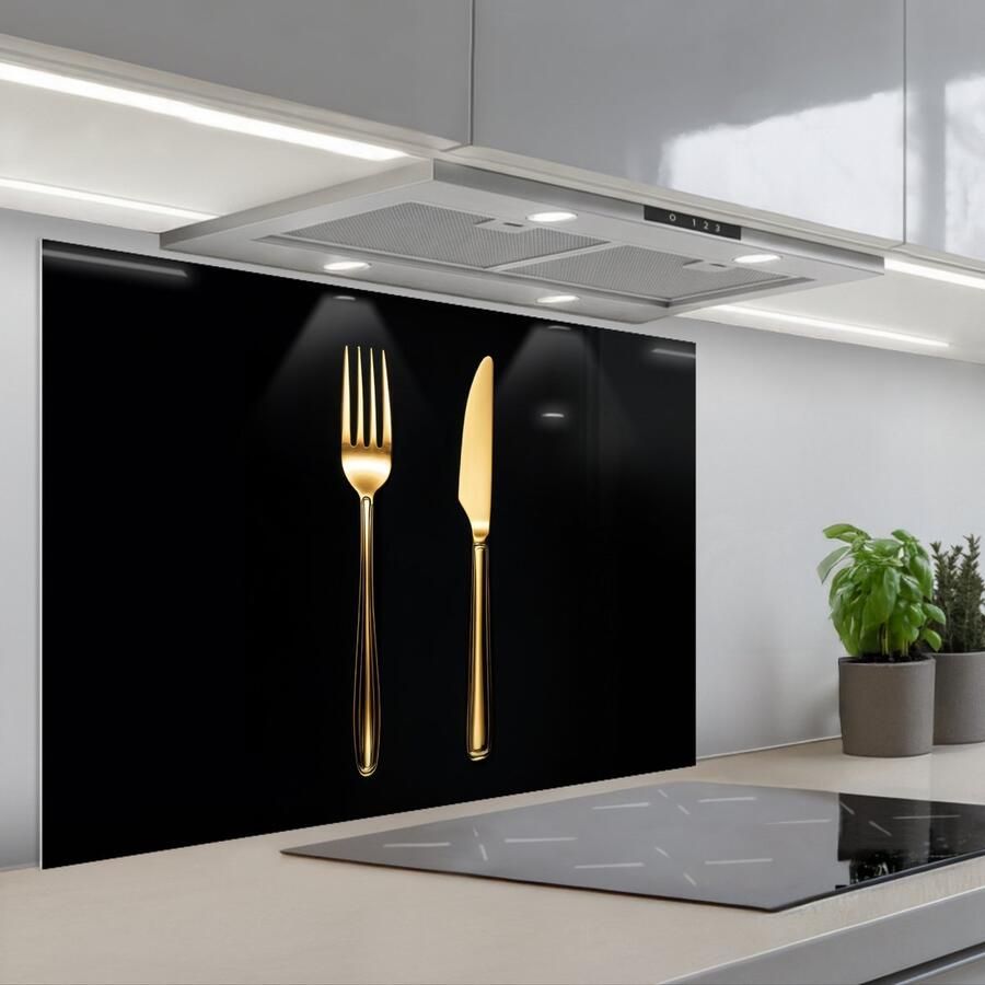KitchenYeah Spatscherm 90x60 cm Zelfklevende achterwand Bestek Goud Mes Vork Keuken muurbeschermer Spatwand fornuis - Foto 1