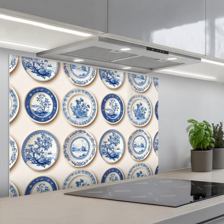 KitchenYeah Spatscherm 90x60 cm Zelfklevende achterwand Borden Bomen Planten Blauw Keuken muurbeschermer Spatwand fornuis