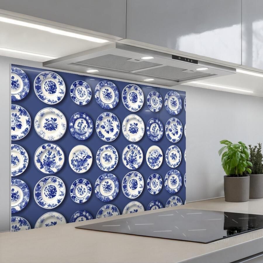 KitchenYeah Spatscherm 90x60 cm Zelfklevende achterwand Borden Floraal Blauw Keuken muurbeschermer Spatwand fornuis