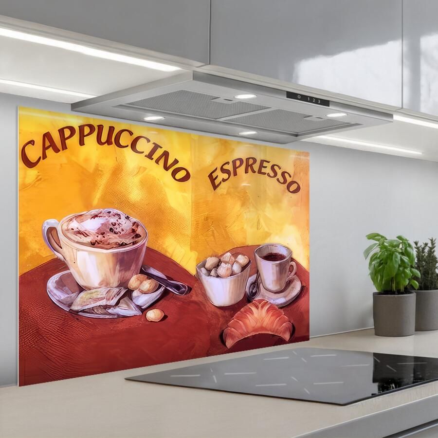 KitchenYeah Spatscherm 80x55 cm Zelfklevende achterwand Cappuccino Espresso Koffie Vintage Keuken muurbeschermer Spatwand fornuis