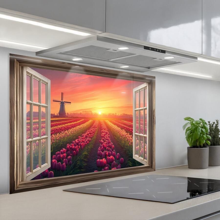 KitchenYeah Spatscherm 90x60 cm Zelfklevende achterwand Doorkijk Tulpen Zonsondergang Bloemen Kleurrijk Keuken muurbeschermer Spatwand fornuis