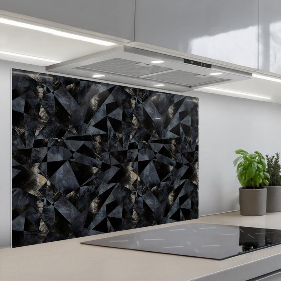 KitchenYeah Spatscherm 90x60 cm Zelfklevende achterwand Driehoeken Abstract Donker Keuken muurbeschermer Spatwand fornuis