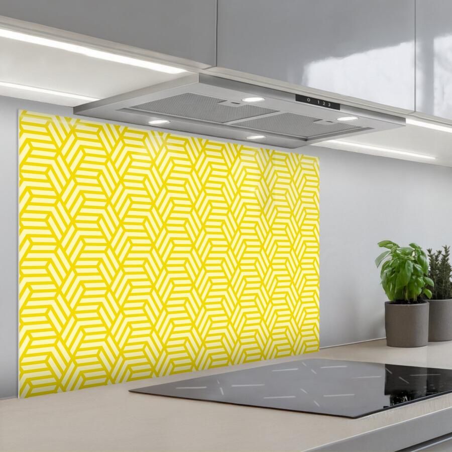 KitchenYeah Spatscherm 80x55 cm Zelfklevende achterwand Geel Patroon Geometrisch Keuken muurbeschermer Spatwand fornuis
