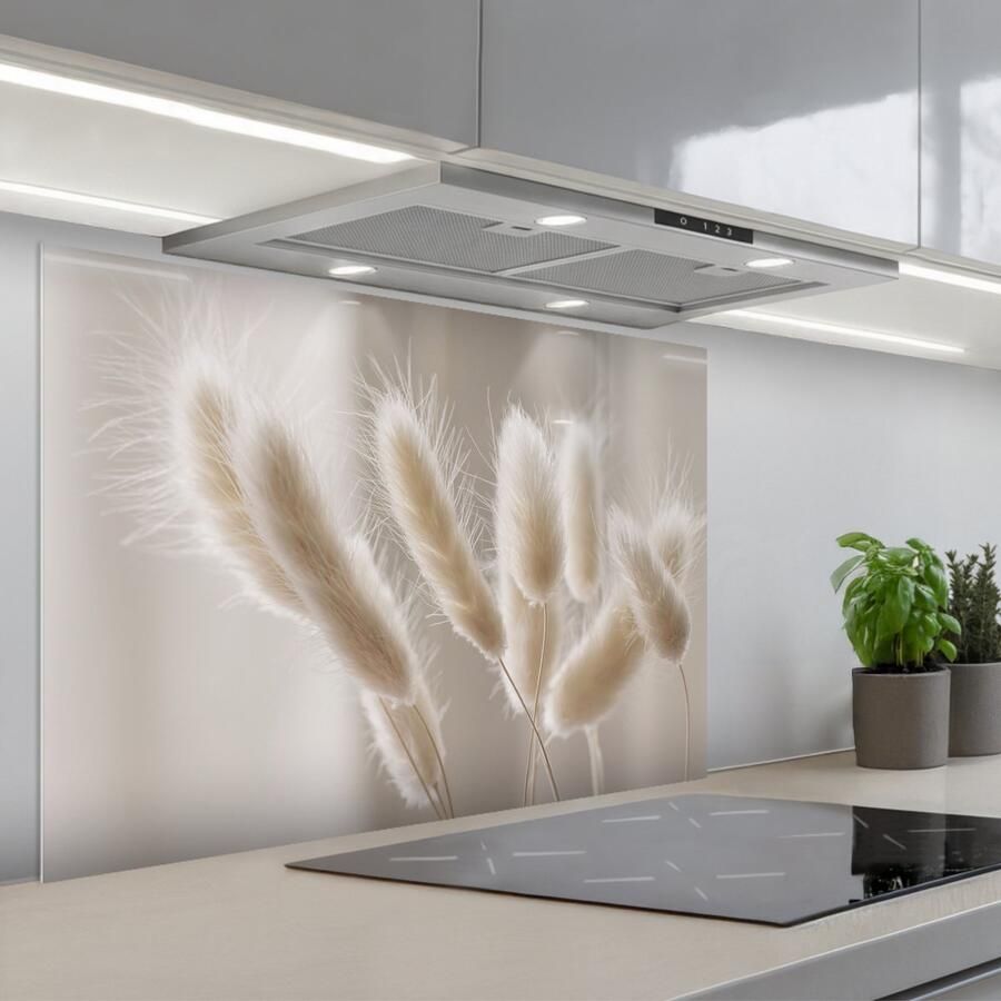 KitchenYeah Spatscherm 90x60 cm Zelfklevende achterwand Pampasgras Pluim Wit Keuken muurbeschermer Spatwand fornuis