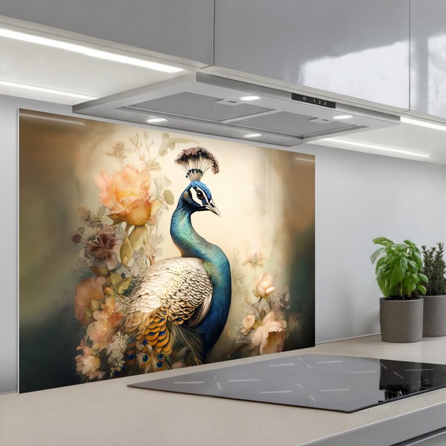 KitchenYeah Spatscherm 90x60 cm Zelfklevende achterwand Pauw Pauwenveren Bloemen Vogels Botanisch Keuken muurbeschermer Spatwand fornuis