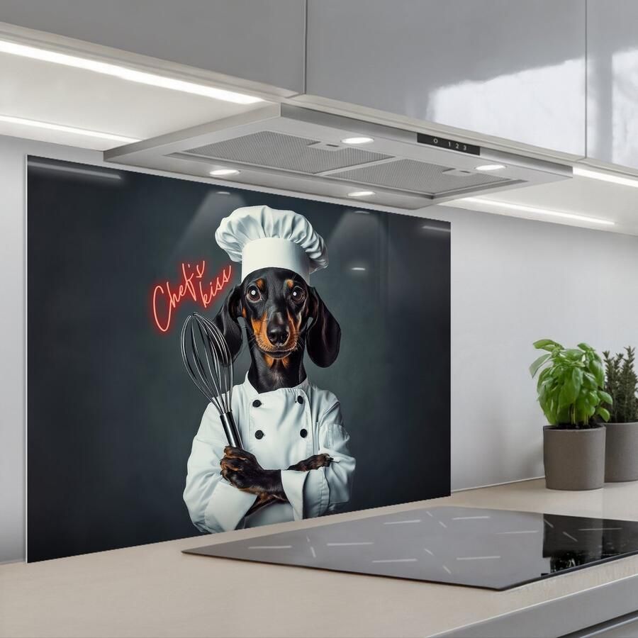 KitchenYeah Spatscherm 80x55 cm Zelfklevende achterwand Quote Neon Hond Kokskleding Keuken muurbeschermer Spatwand fornuis