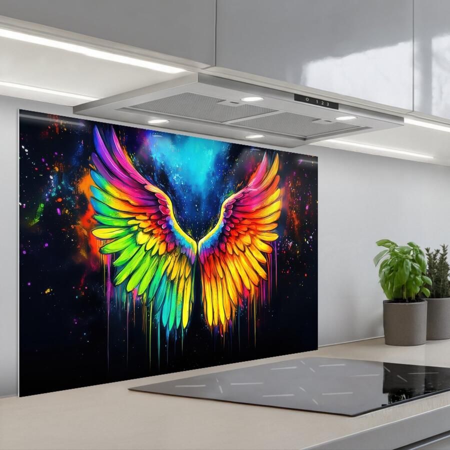 KitchenYeah Spatscherm 90x60 cm Zelfklevende achterwand Regenboogkleuren Vleugels Magisch Keuken muurbeschermer Spatwand fornuis