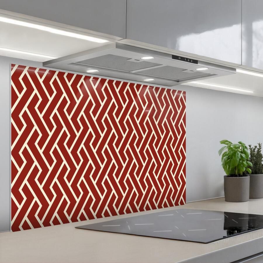 Spatscherm 80x55 cm Zelfklevende achterwand Rood Beige Patroon Lijnen Keuken muurbeschermer Spatwand fornuis