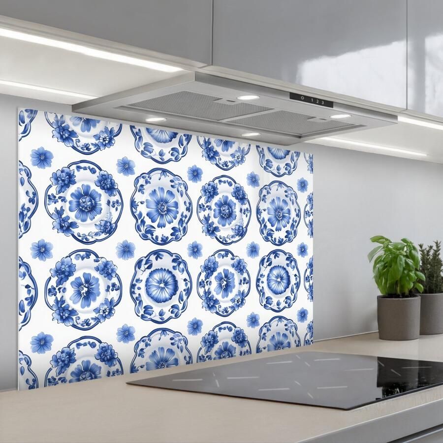 KitchenYeah Spatscherm 90x60 cm Zelfklevende achterwand Sierborden Bloemen Blauw Keuken muurbeschermer Spatwand fornuis