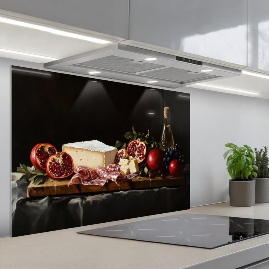 KitchenYeah Spatscherm 80x55 cm Zelfklevende achterwand Stilleven Vintage Borrelplank Keuken muurbeschermer Spatwand fornuis