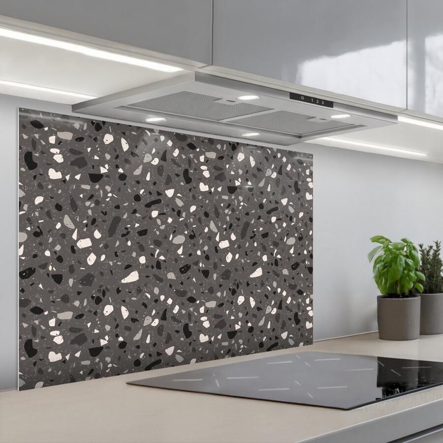 KitchenYeah Spatscherm 90x60 cm Zelfklevende achterwand Terrazzo Patroon Grijs Keuken muurbeschermer Spatwand fornuis