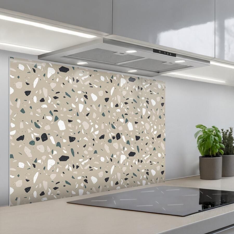 KitchenYeah Spatscherm 80x55 cm Zelfklevende achterwand Terrazzo Patroon Groen Keuken muurbeschermer Spatwand fornuis