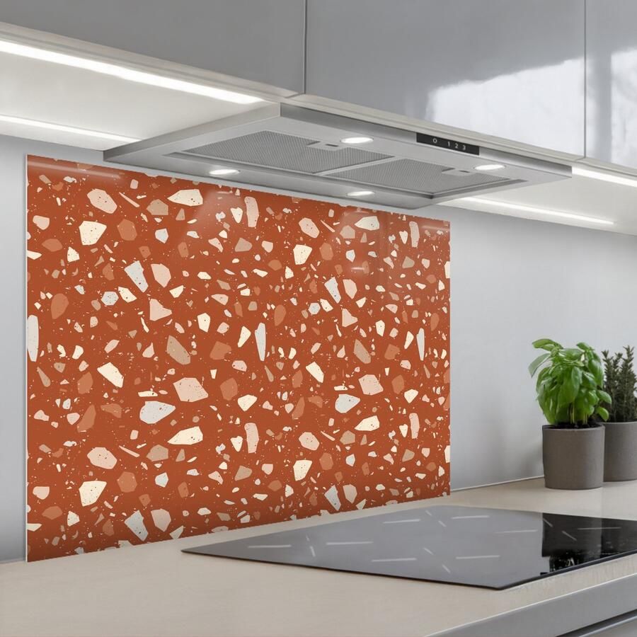 KitchenYeah Spatscherm 90x60 cm Zelfklevende achterwand Terrazzo Patroon Klei Keuken muurbeschermer Spatwand fornuis