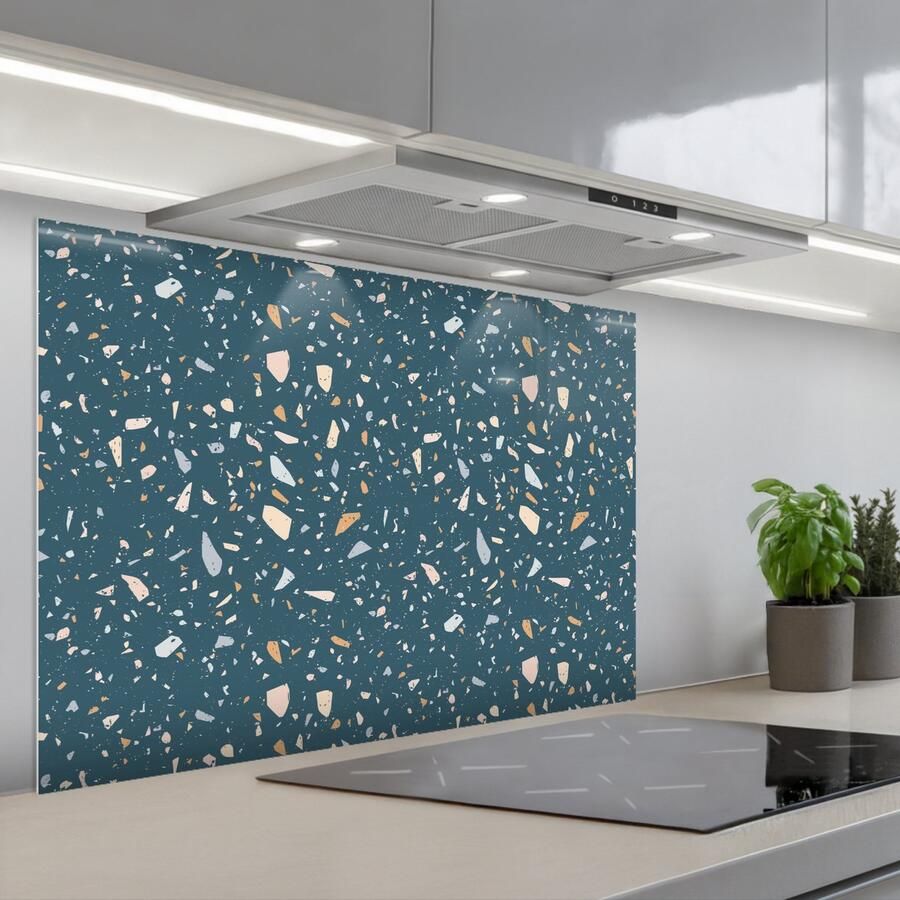 KitchenYeah Spatscherm 80x55 cm Zelfklevende achterwand Terrazzo Patroon Kleurrijk Diep blauw Keuken muurbeschermer Spatwand fornuis