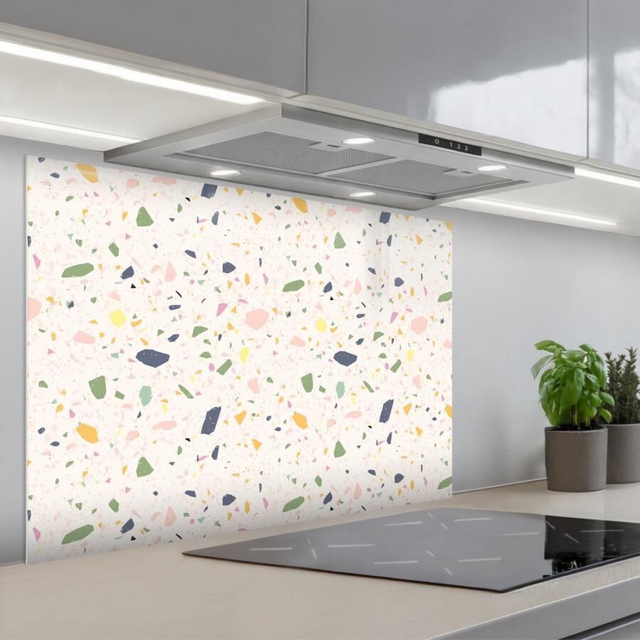 KitchenYeah Spatscherm 80x55 cm Zelfklevende achterwand Terrazzo Patroon Kleurrijk Festival Keuken muurbeschermer Spatwand fornuis