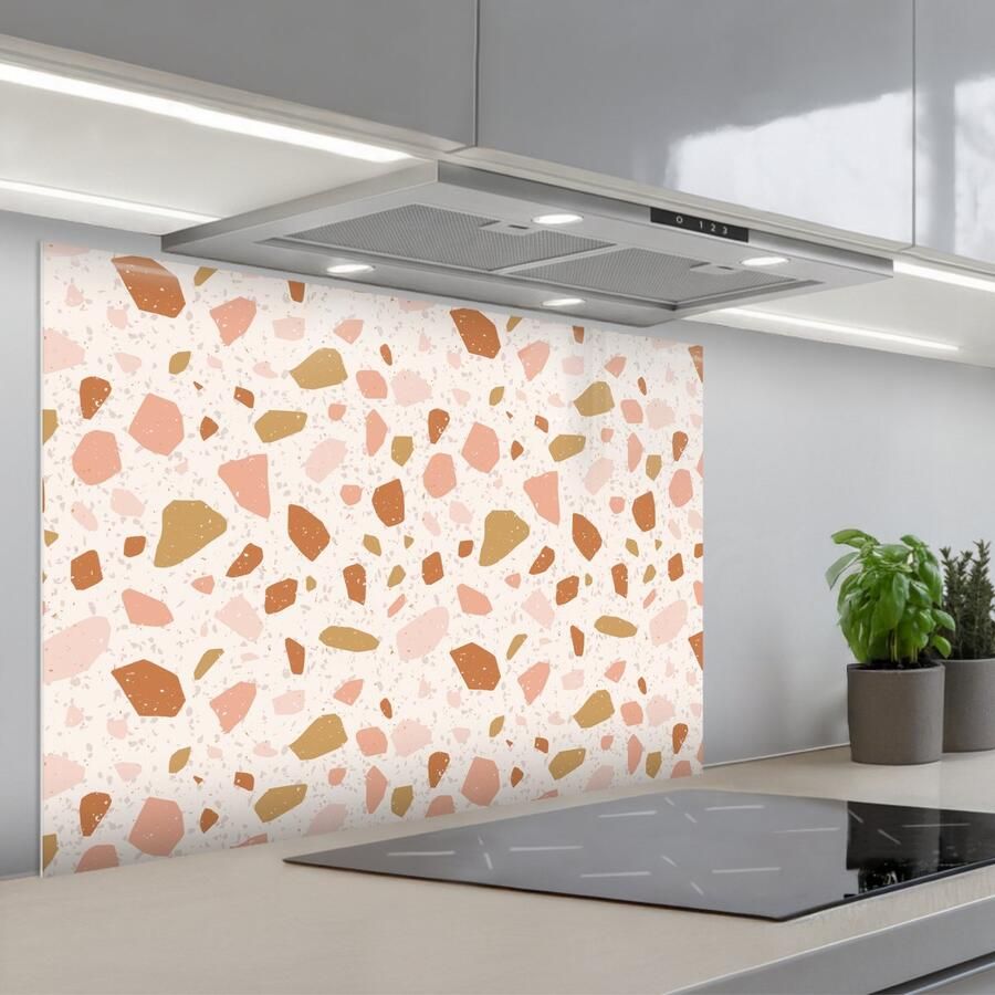 KitchenYeah Spatscherm 80x55 cm Zelfklevende achterwand Terrazzo Patroon Kleurrijk Zalm Keuken muurbeschermer Spatwand fornuis