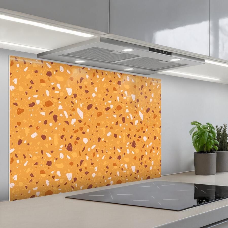 KitchenYeah Spatscherm 90x60 cm Zelfklevende achterwand Terrazzo Patroon Okergeel Keuken muurbeschermer Spatwand fornuis